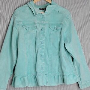 DG2 Diane Gilman ‎  Denim Jacket Ruffle Hem Button Up Light Wash Womens 1X